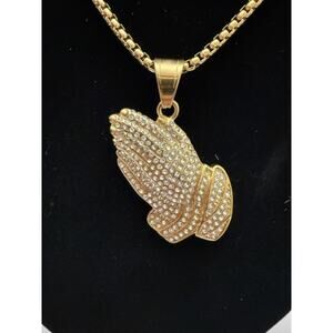 2" Crystal Praying Hands Pendant with 24" Chain–Gold Plated 925 Sterling Silver